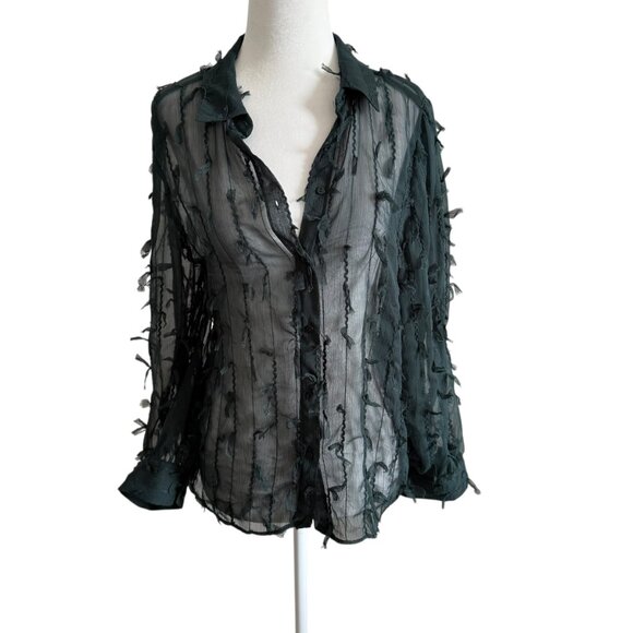 ARA Green Olive FRINGED SHIRT Semi-sheer Collared Long Sleeve Size Small - Picture 5 of 10